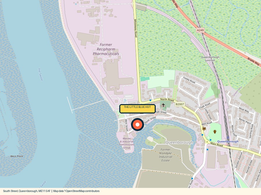 Street map pinpointing The Little Blue Hut on South Street, Queenborough